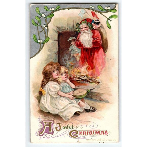 Santa Claus Rises From Fireplace Smoke Christmas Postcard Schmucker John Winsch - Picture 1 of 3